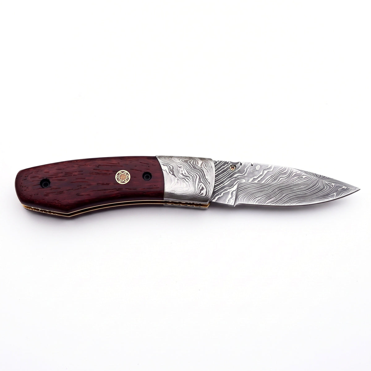Creek 7" Damascus Pocket Knife | Burgundy Dyed Wood, side profile on white