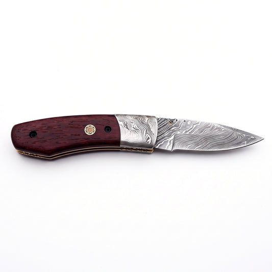 Creek 7" Damascus Pocket Knife | Burgundy Dyed Wood, side profile on white