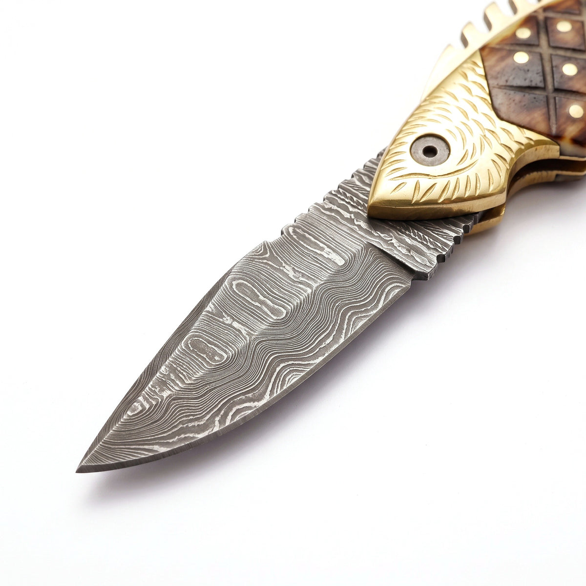 Creek 7" Damascus Pocket Knife | Camel Bone, Damascus blade close-up