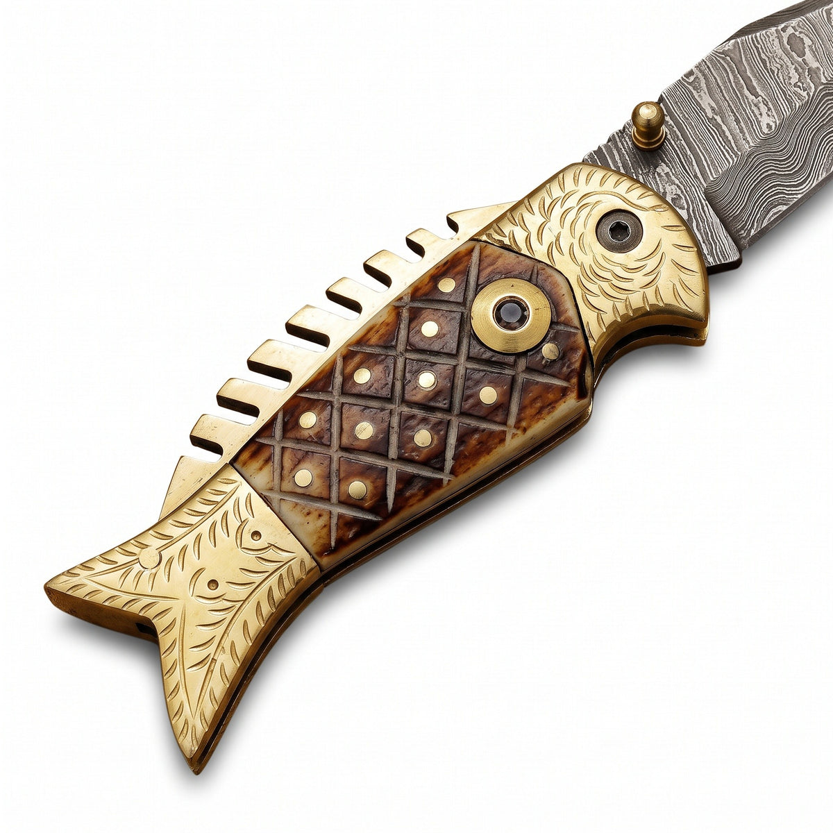 Creek 7" Damascus Pocket Knife | Camel Bone, handle and fittings close-up