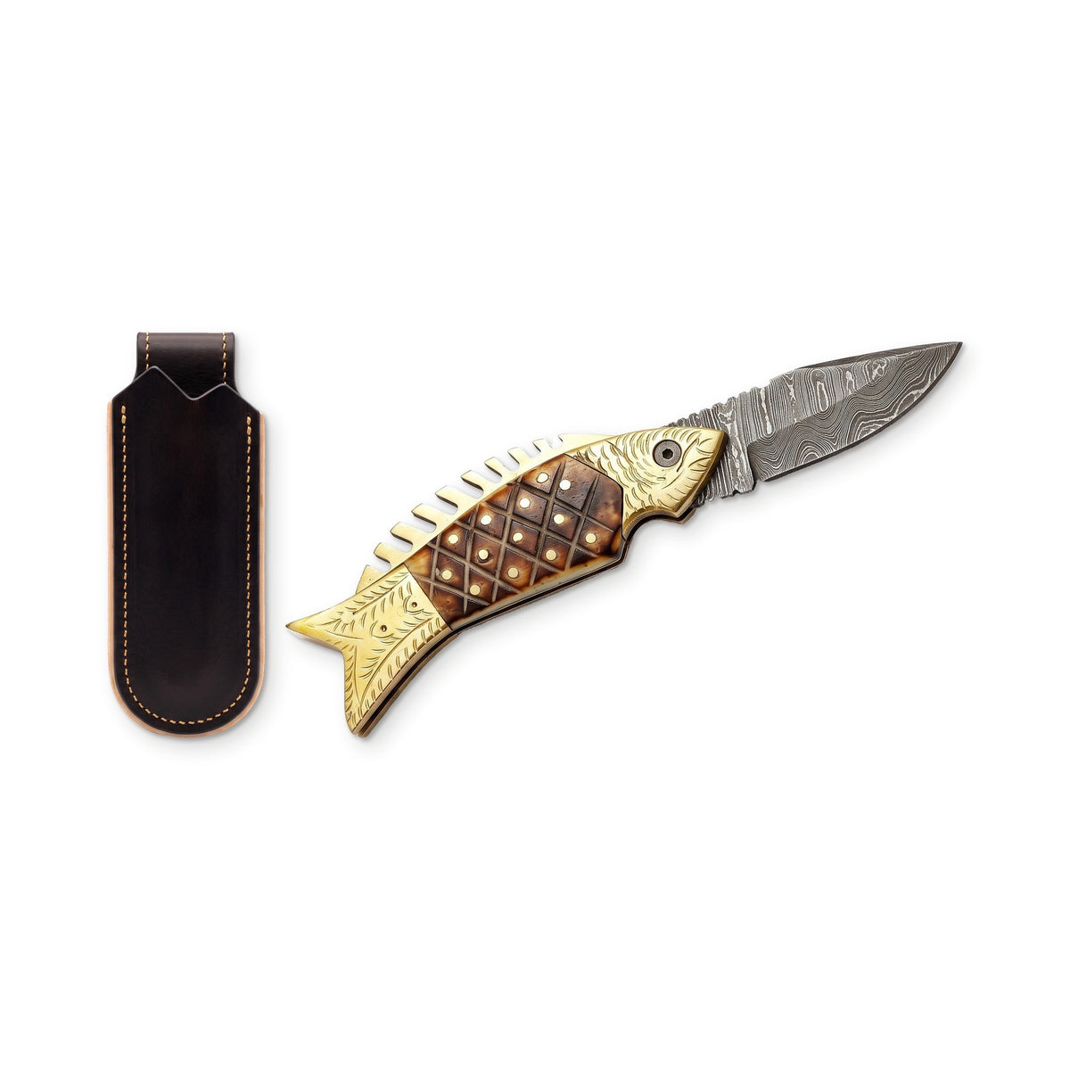 Creek 7" Damascus Pocket Knife | Camel Bone, three-quarter view with the Crownridge belt slip