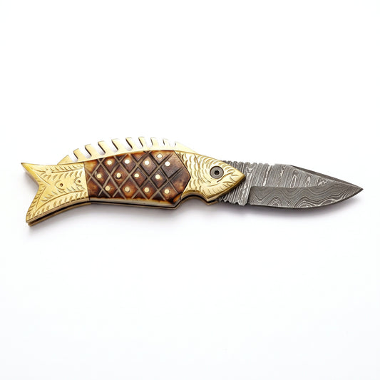 Creek 7" Damascus Pocket Knife | Camel Bone, side profile on white