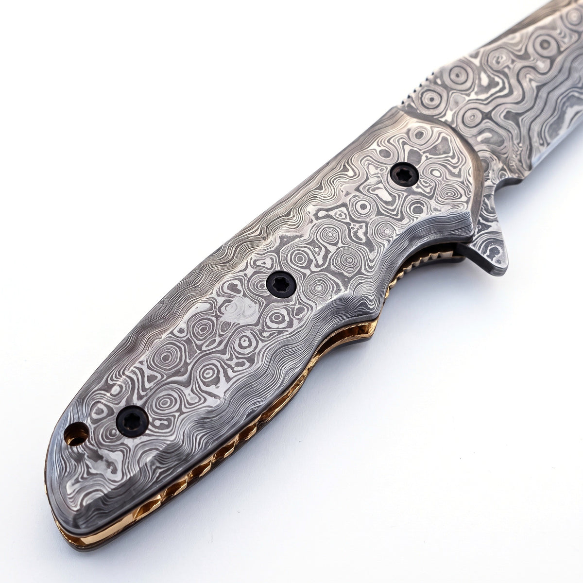 Creek 7" Damascus Pocket Knife | Damascus Steel, handle and fittings close-up