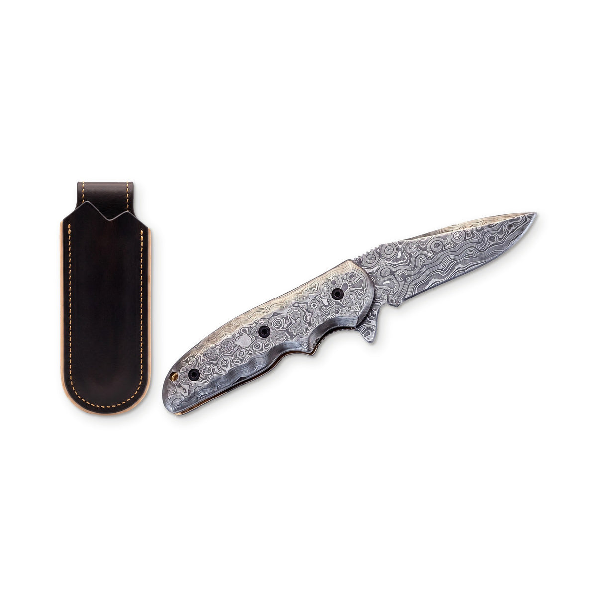 Creek 7" Damascus Pocket Knife | Damascus Steel, three-quarter view with the Crownridge belt slip