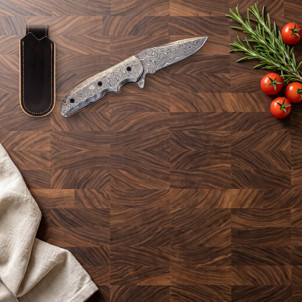 Creek 7" Damascus Pocket Knife | Damascus Steel, with the Crownridge belt slip in use