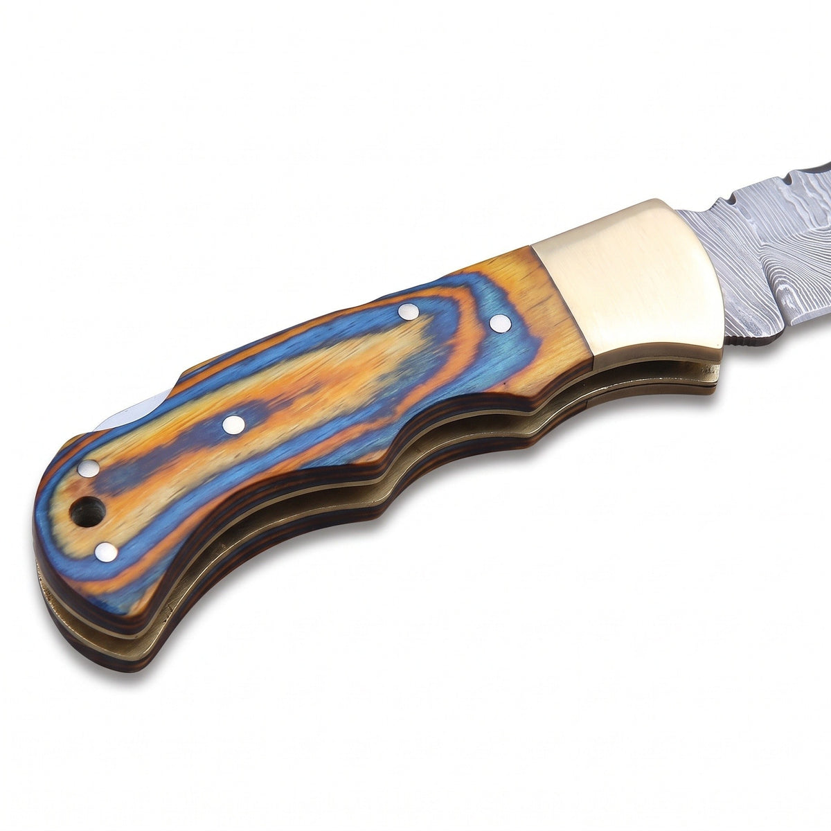 Creek 7" Damascus Pocket Knife | Dyed Wood, handle and fittings close-up