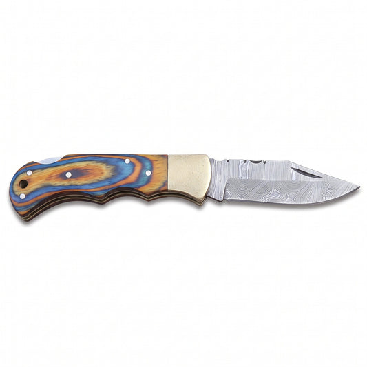 Creek 7" Damascus Pocket Knife | Dyed Wood, side profile on white
