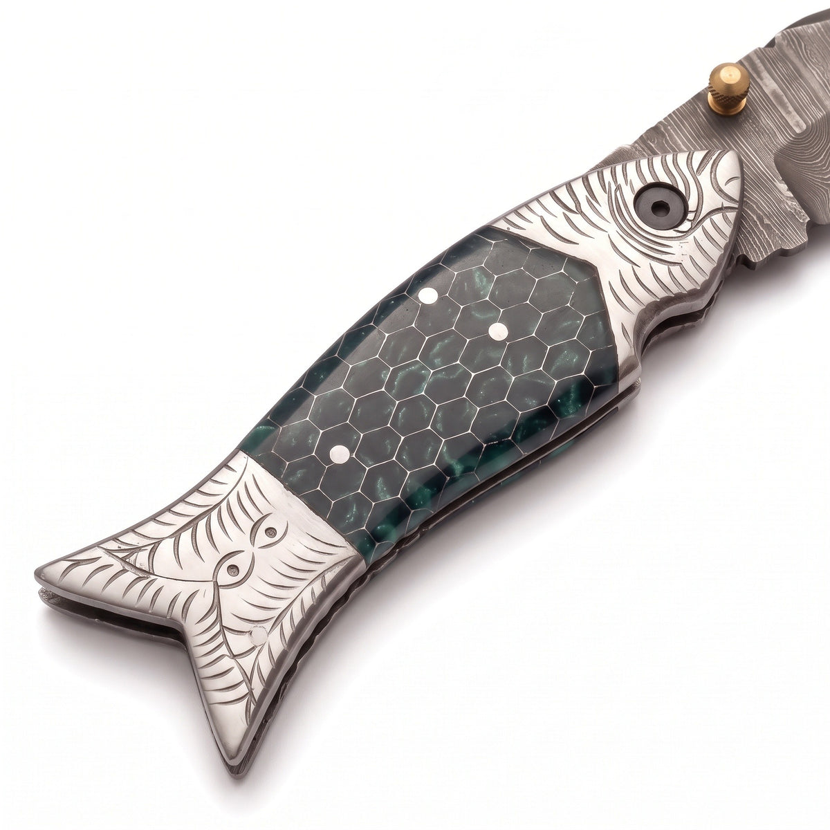 Creek 7.5" Damascus Pocket Knife | Green Resin, handle and fittings close-up