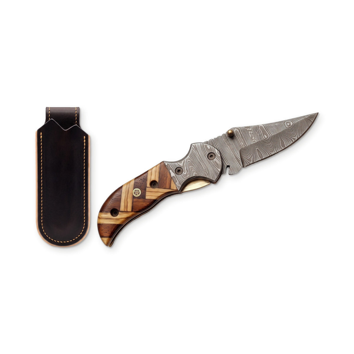 Creek 7" Damascus Pocket Knife | Olive Wood, three-quarter view with the Crownridge belt slip