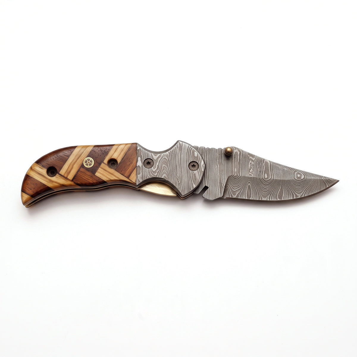 Creek 7" Damascus Pocket Knife | Olive Wood, side profile on white