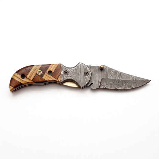 Creek 7" Damascus Pocket Knife | Olive Wood, side profile on white