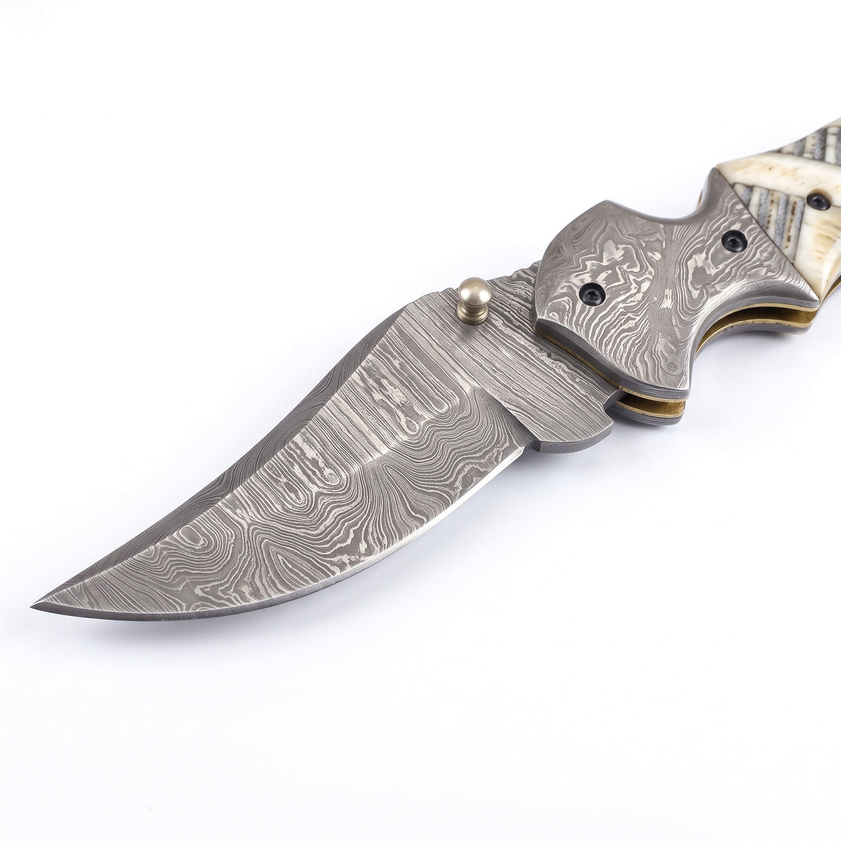 Creek 7" Damascus Pocket Knife | Ram Horn, Damascus blade close-up