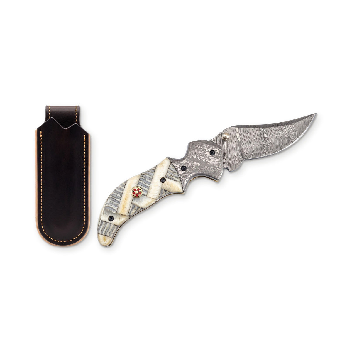 Creek 7" Damascus Pocket Knife | Ram Horn, three-quarter view with the Crownridge belt slip