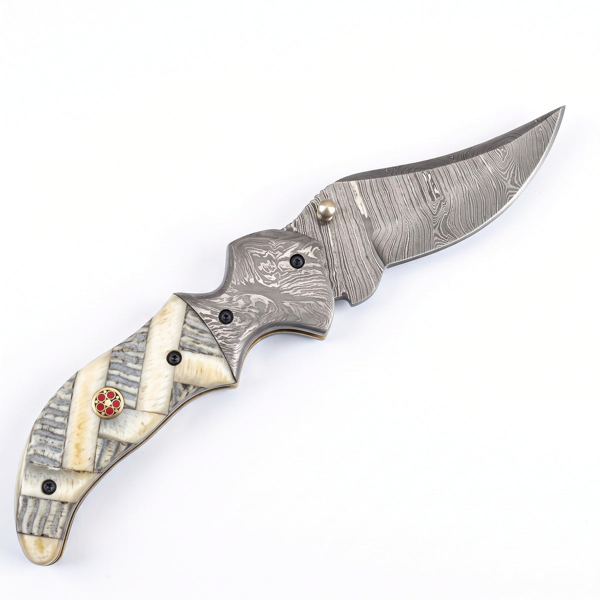 Creek 7" Damascus Pocket Knife | Ram Horn, side profile on white