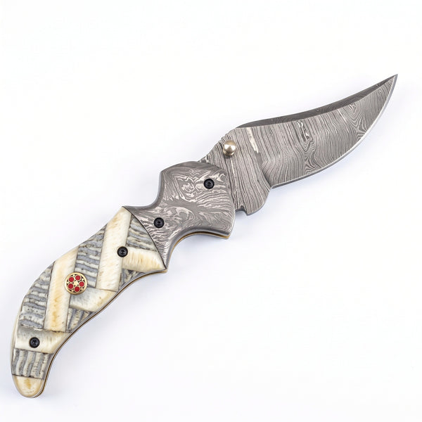 Creek 7" Damascus Pocket Knife | Ram Horn, side profile on white