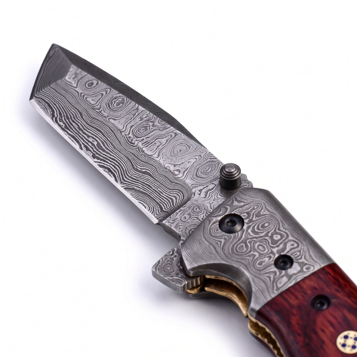 Creek 7" Damascus Pocket Knife | Snakewood, Damascus blade close-up