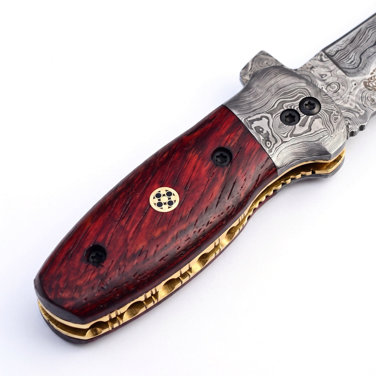 Creek 7" Damascus Pocket Knife | Snakewood, handle and fittings close-up