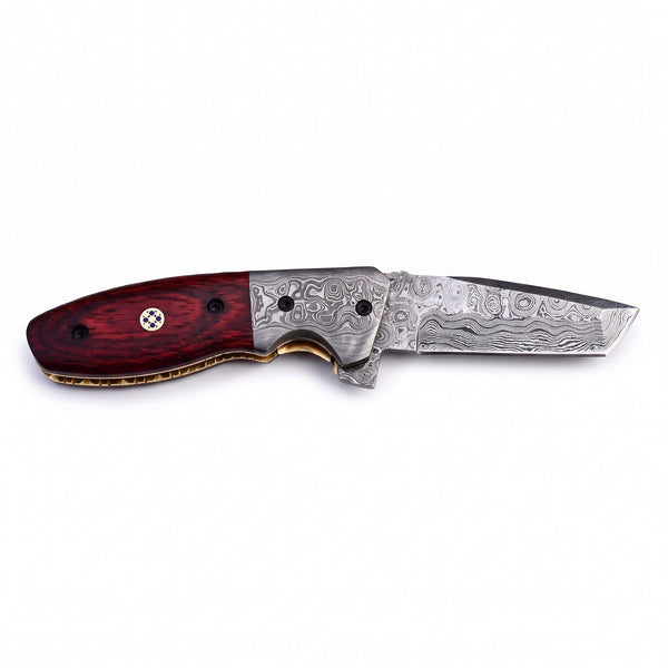 Creek 7" Damascus Pocket Knife | Snakewood, side profile on white