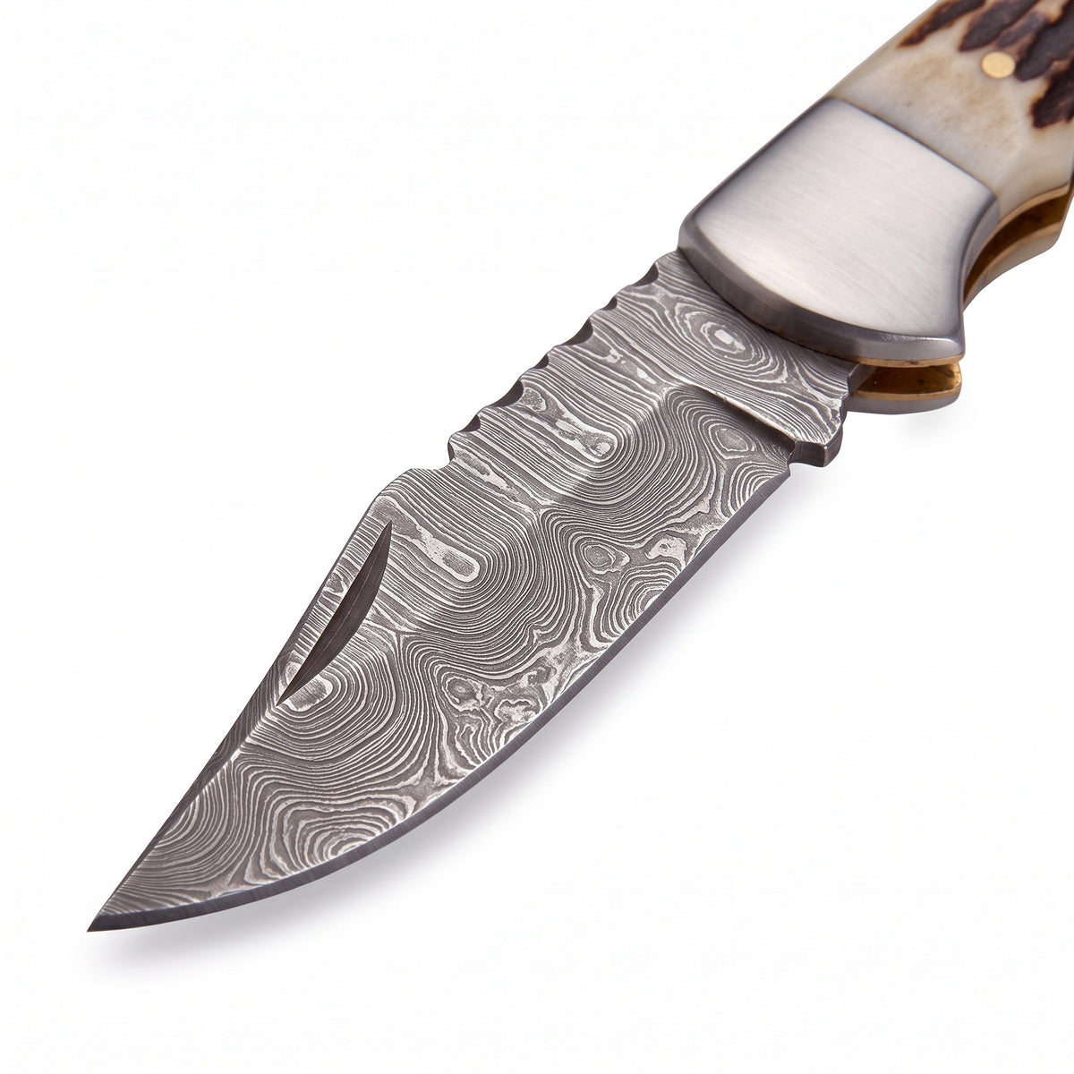 Creek 7" Damascus Pocket Knife | Stag, Damascus blade close-up