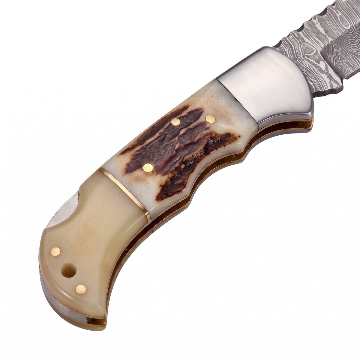 Creek 7" Damascus Pocket Knife | Stag, handle and fittings close-up