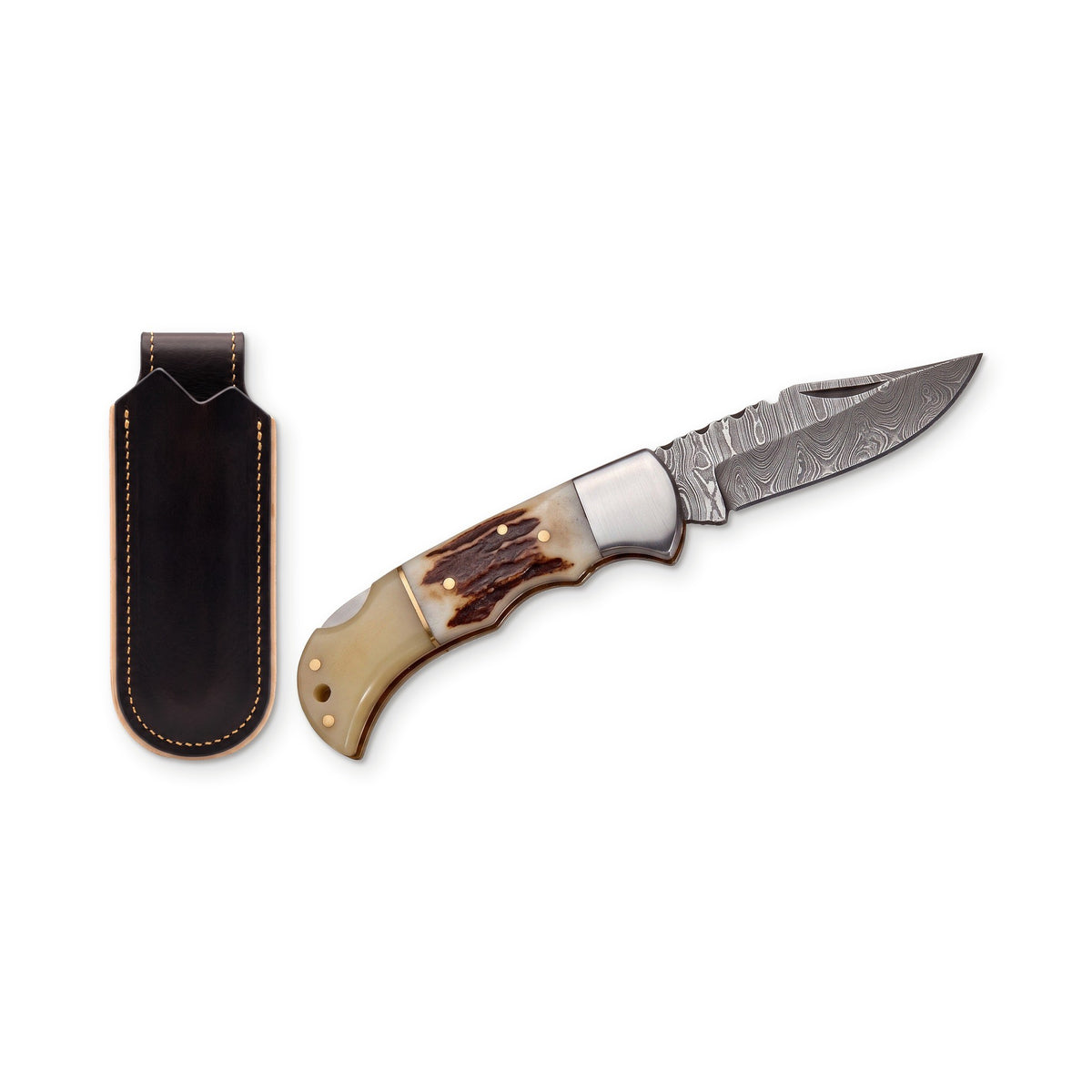 Creek 7" Damascus Pocket Knife | Stag, three-quarter view with the Crownridge belt slip
