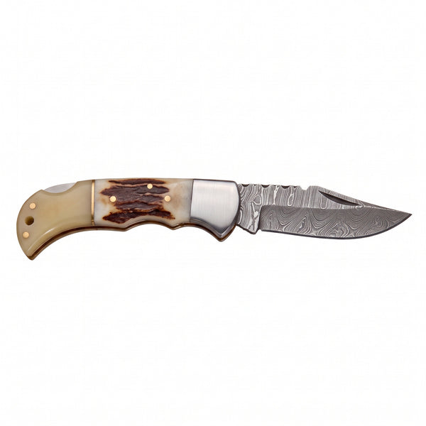 Creek 7" Damascus Pocket Knife | Stag, side profile on white