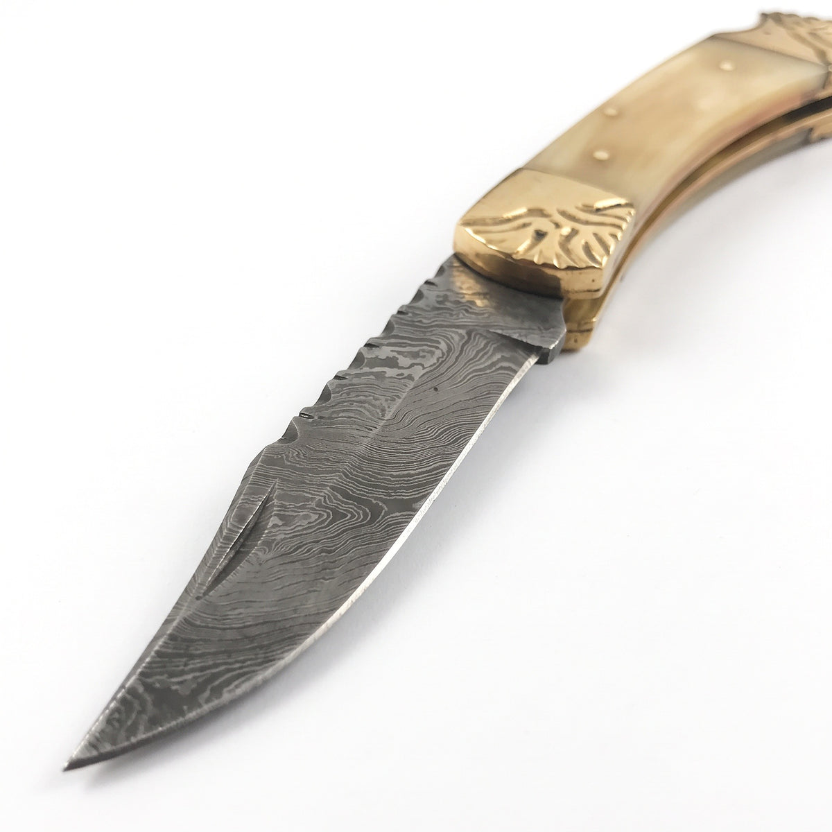 Creek 8.5" Damascus Pocket Knife | Bone & Brass, Damascus blade close-up