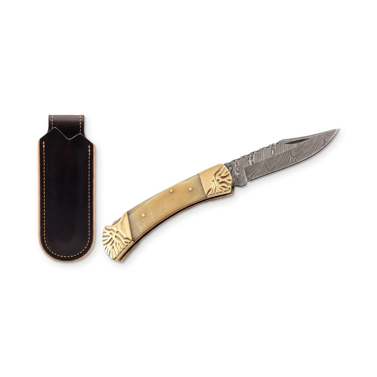 Creek 8.5" Damascus Pocket Knife | Bone & Brass, three-quarter view with the Crownridge belt slip