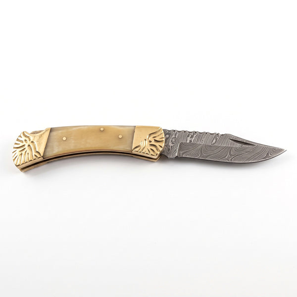 Creek 8.5" Damascus Pocket Knife | Bone & Brass, side profile on white