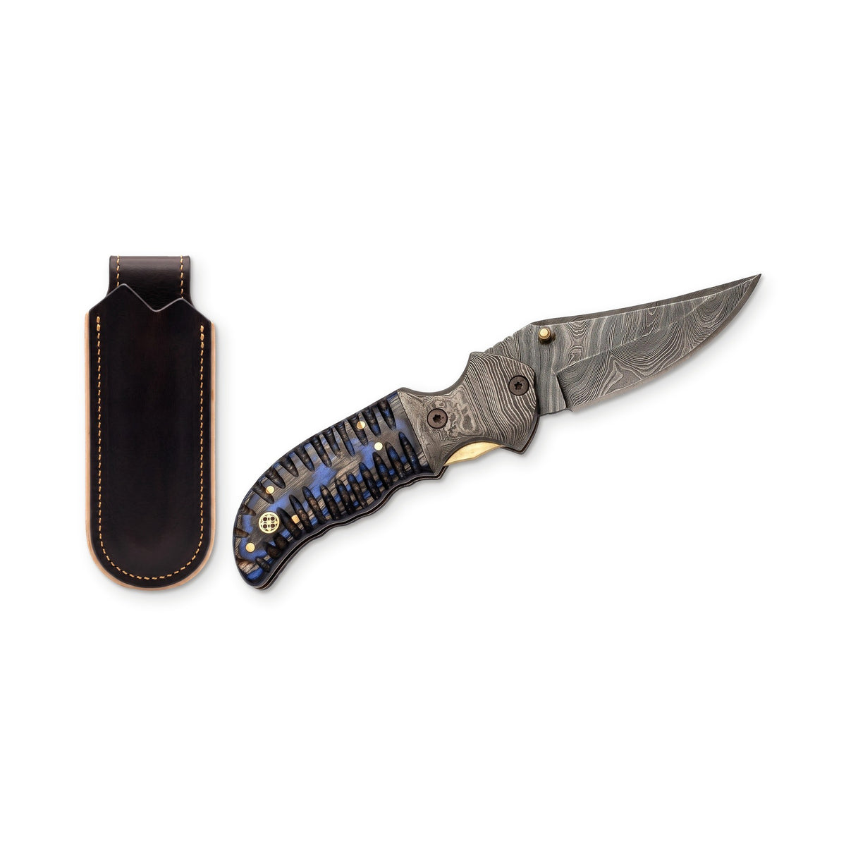 Creek 8.5" Damascus Pocket Knife | Hardwood, three-quarter view with the Crownridge belt slip
