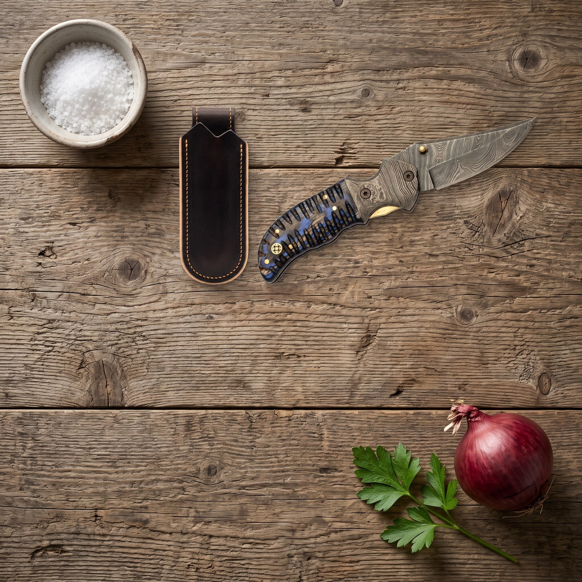 Creek 8.5" Damascus Pocket Knife | Hardwood, with the Crownridge belt slip in use