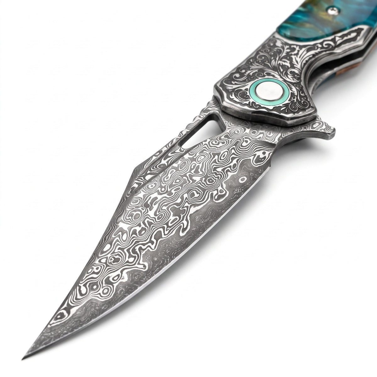 Creek 8.5" Damascus Pocket Knife | Resin & Turquoise, Damascus blade close-up