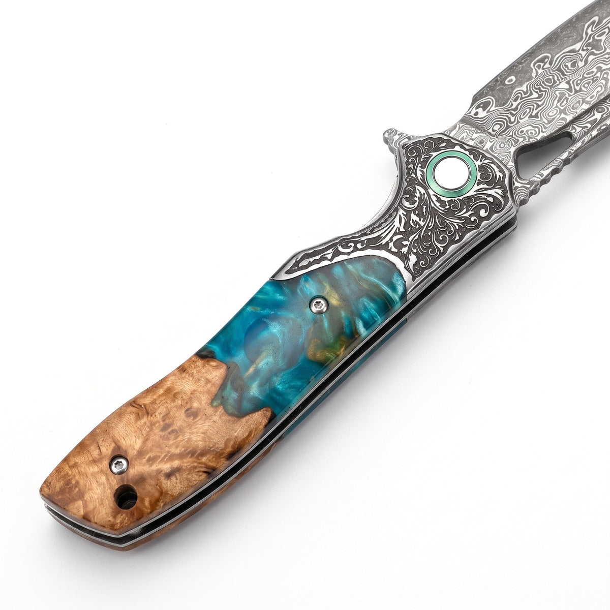 Creek 8.5" Damascus Pocket Knife | Resin & Turquoise, handle and fittings close-up