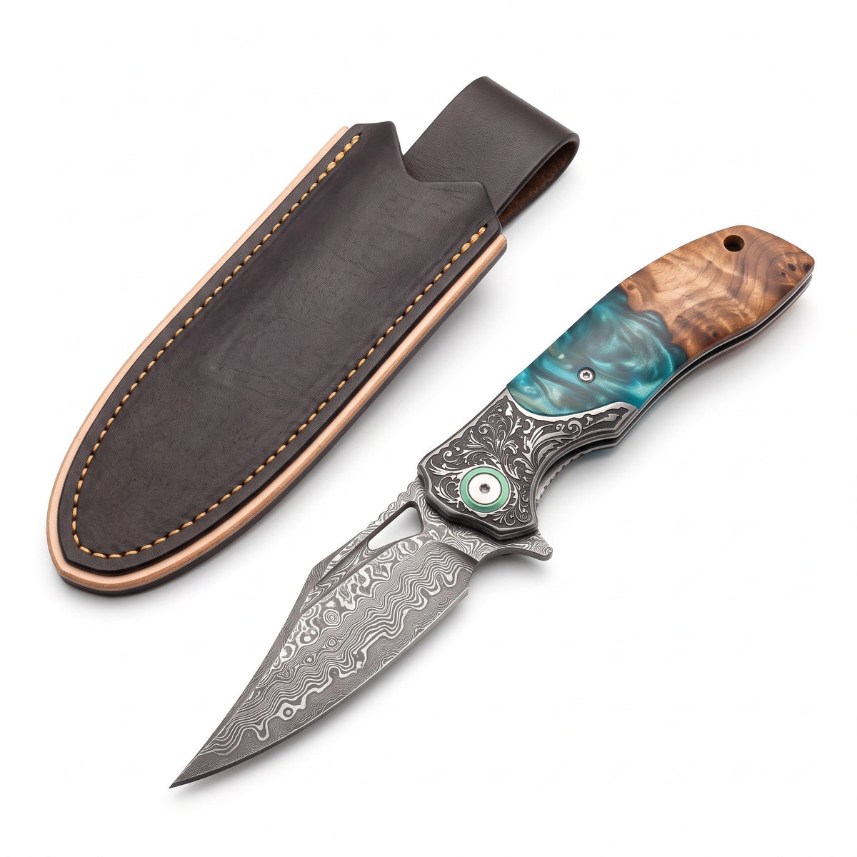 Creek 8.5" Damascus Pocket Knife | Resin & Turquoise, three-quarter view with the Crownridge belt slip