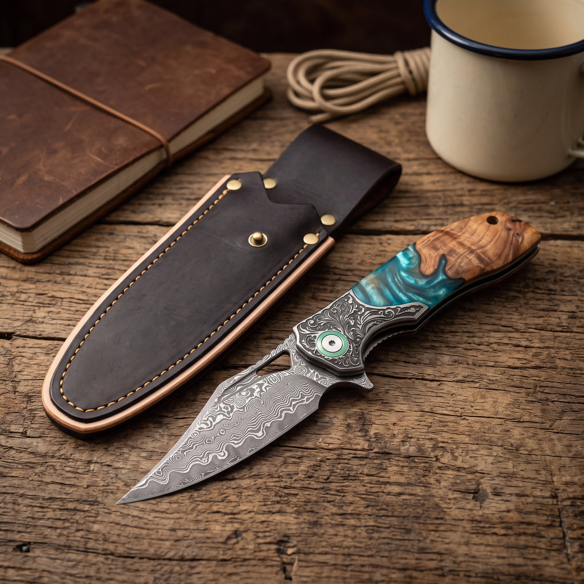 Creek 8.5" Damascus Pocket Knife | Resin & Turquoise, with the Crownridge belt slip in use