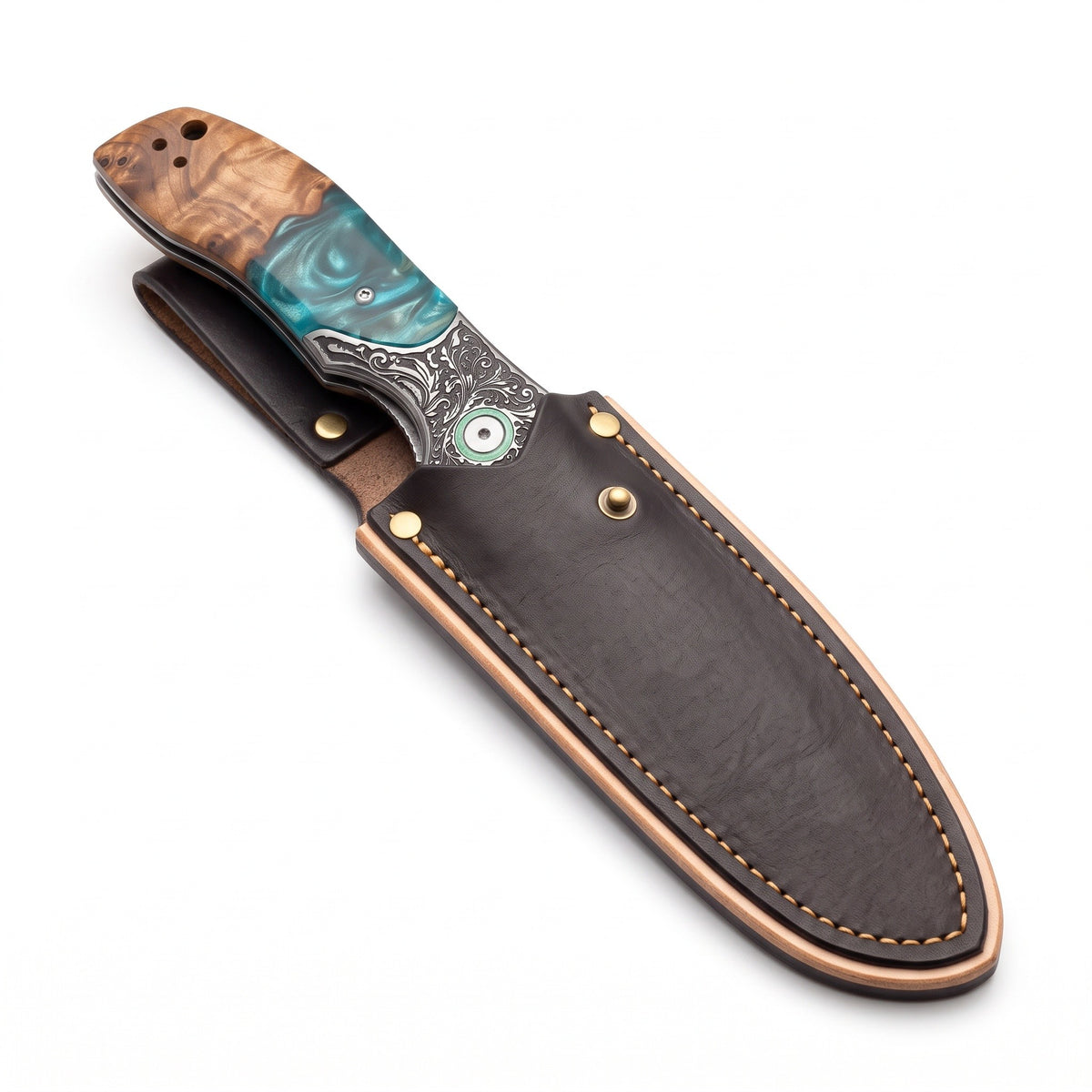 Creek 8.5" Damascus Pocket Knife | Resin & Turquoise, seated in the Crownridge belt slip