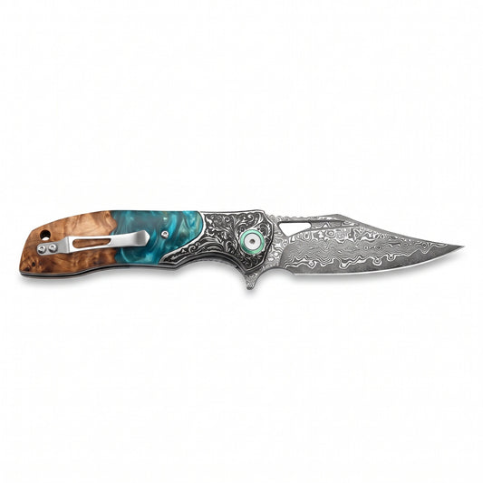 Creek 8.5" Damascus Pocket Knife | Resin & Turquoise, side profile on white