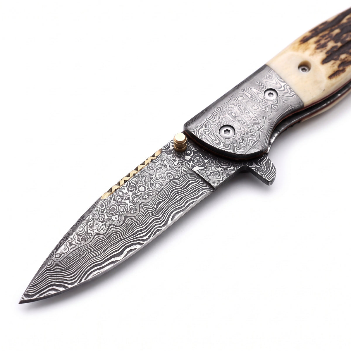 Creek 8.5" Damascus Pocket Knife | Stag, Damascus blade close-up