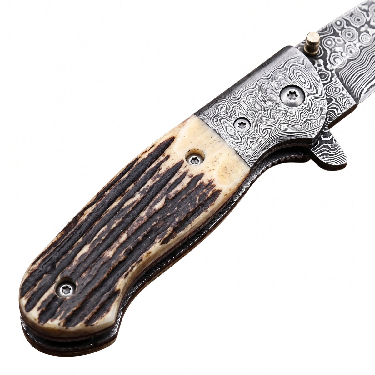 Creek 8.5" Damascus Pocket Knife | Stag, handle and fittings close-up