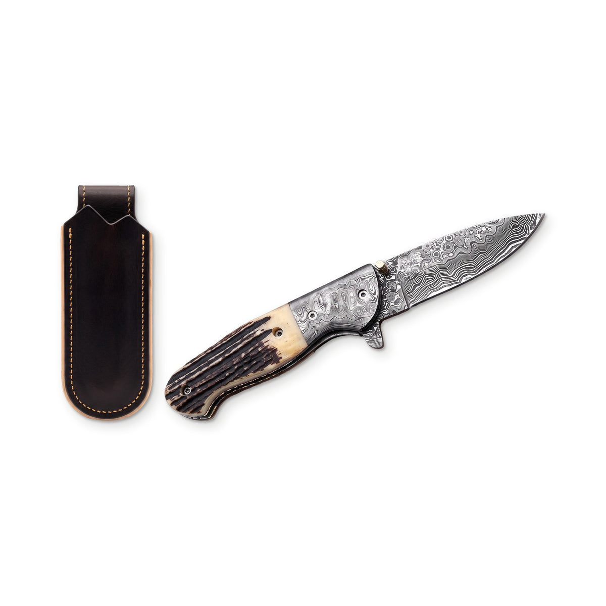 Creek 8.5" Damascus Pocket Knife | Stag, three-quarter view with the Crownridge belt slip