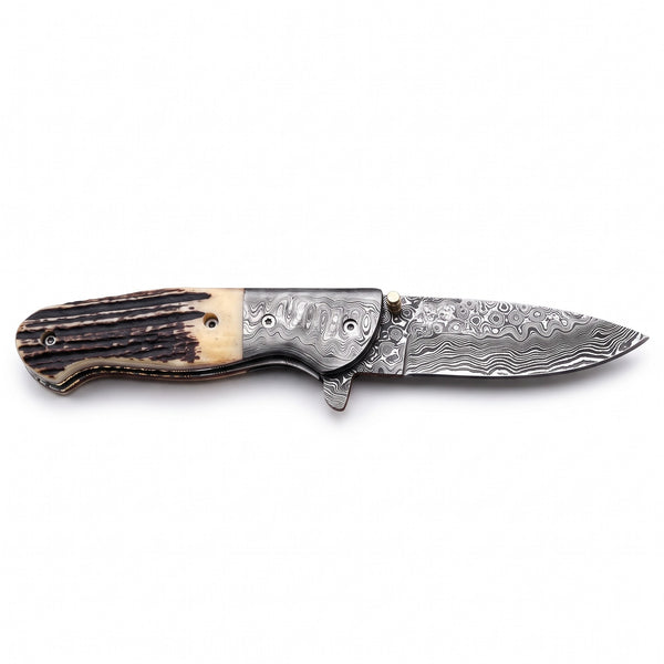 Creek 8.5" Damascus Pocket Knife | Stag, side profile on white