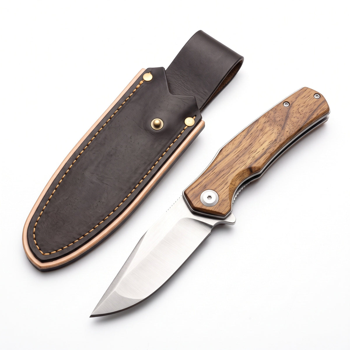 Creek 8" Carbon Steel Pocket Knife | Sandalwood, three-quarter view with the Crownridge belt slip