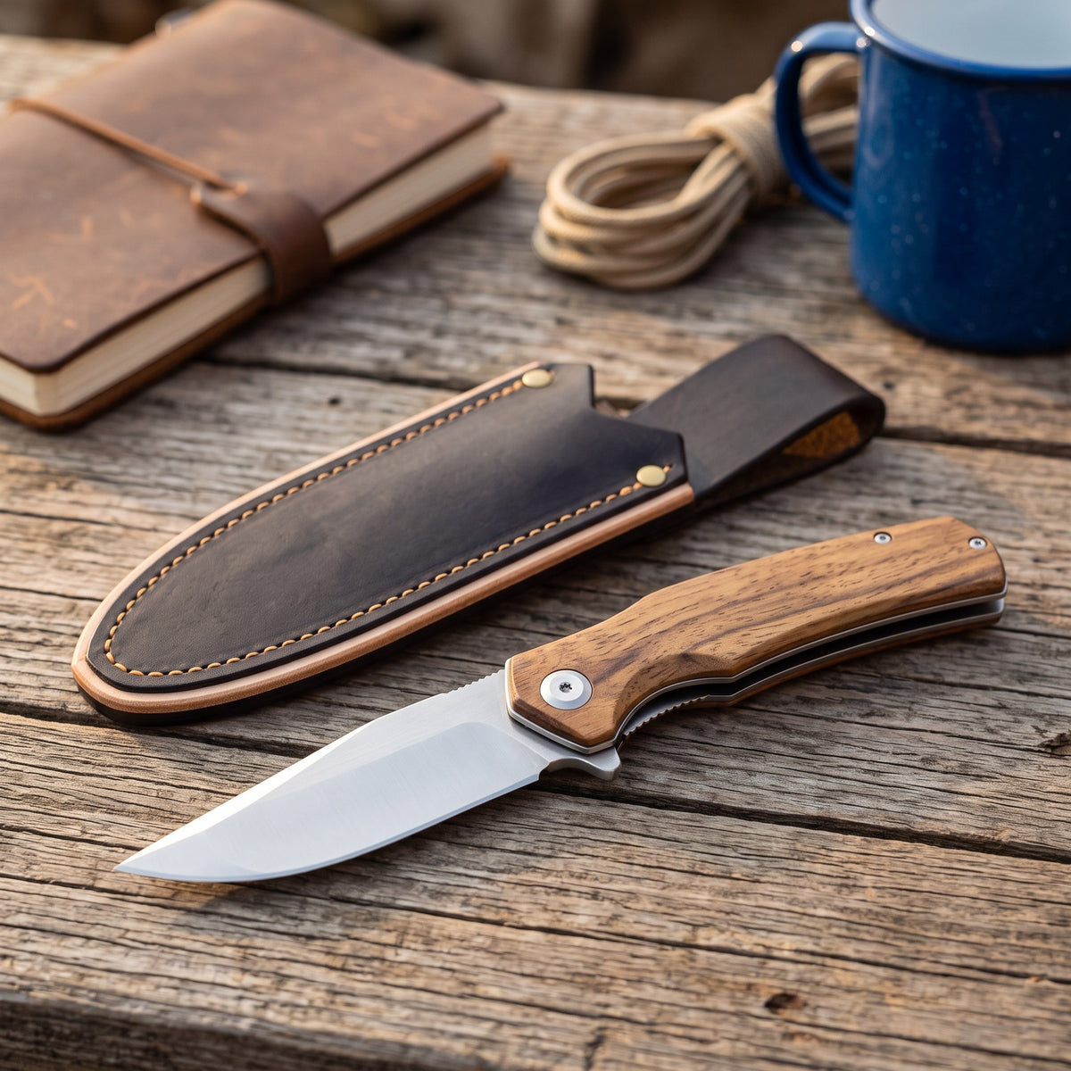 Creek 8" Carbon Steel Pocket Knife | Sandalwood, with the Crownridge belt slip in use