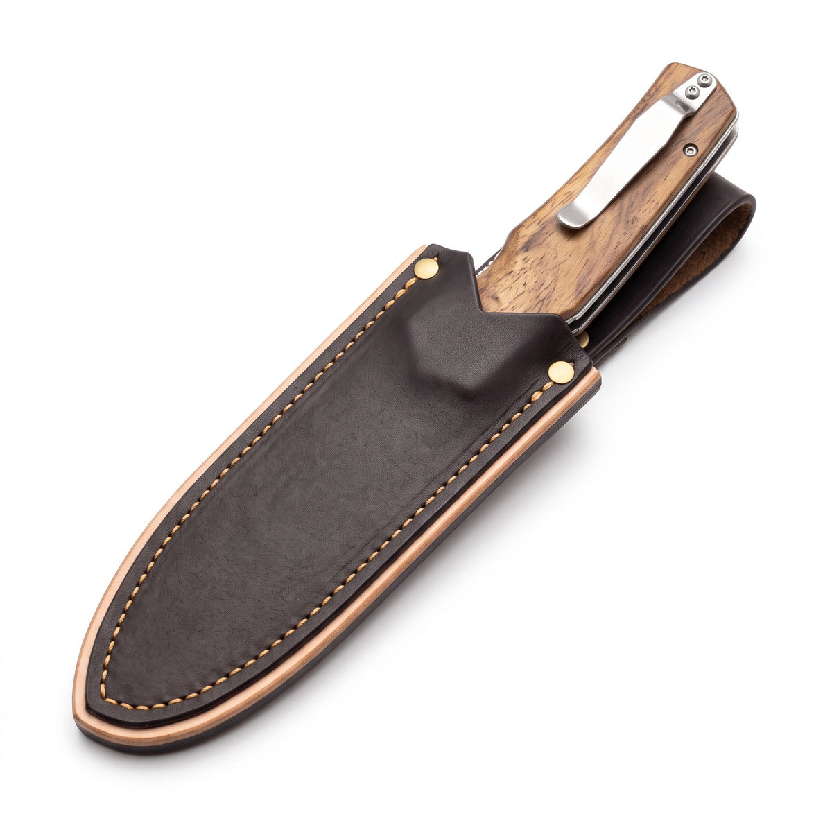 Creek 8" Carbon Steel Pocket Knife | Sandalwood, seated in the Crownridge belt slip