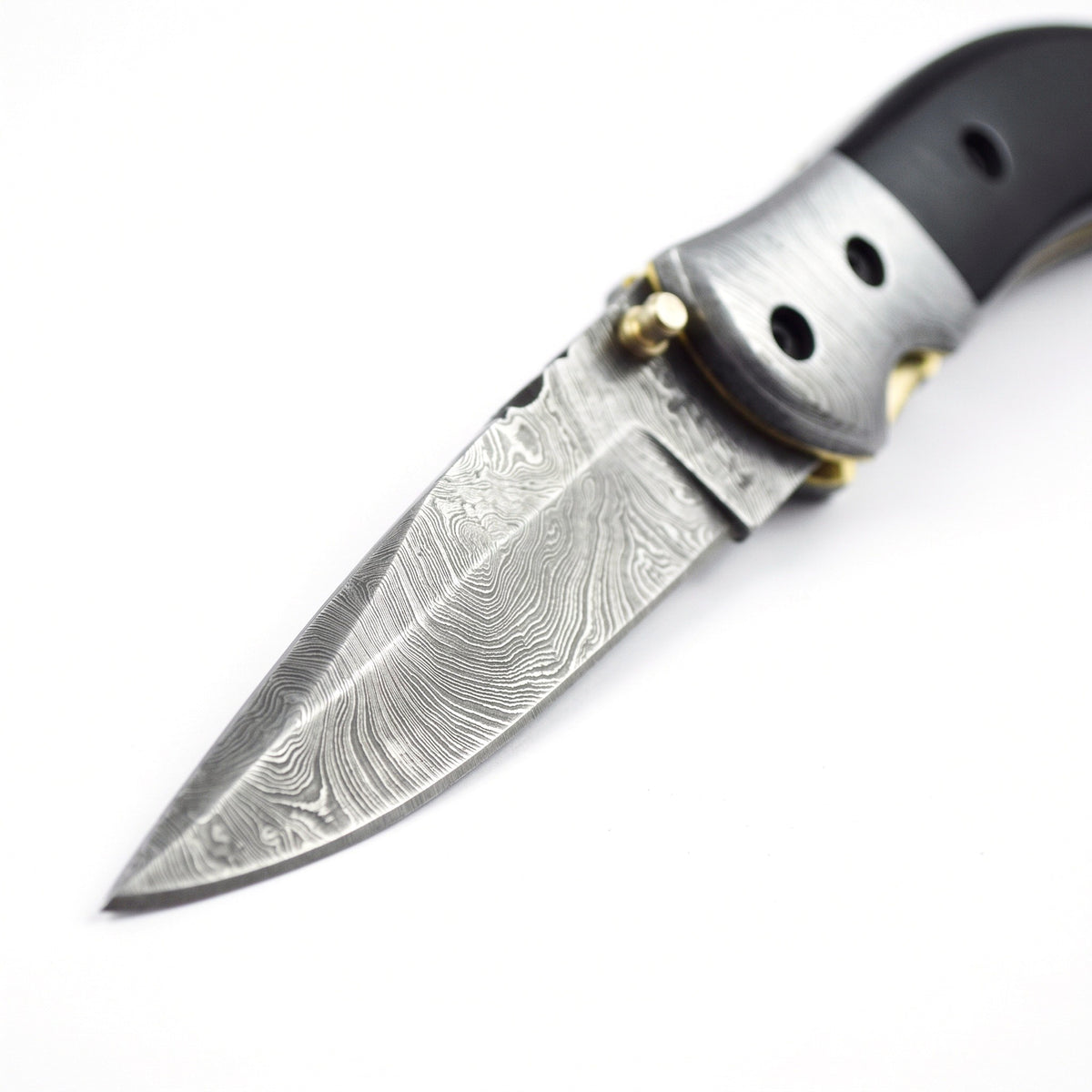 Creek 8" Damascus Pocket Knife | Buffalo Horn, Damascus blade close-up