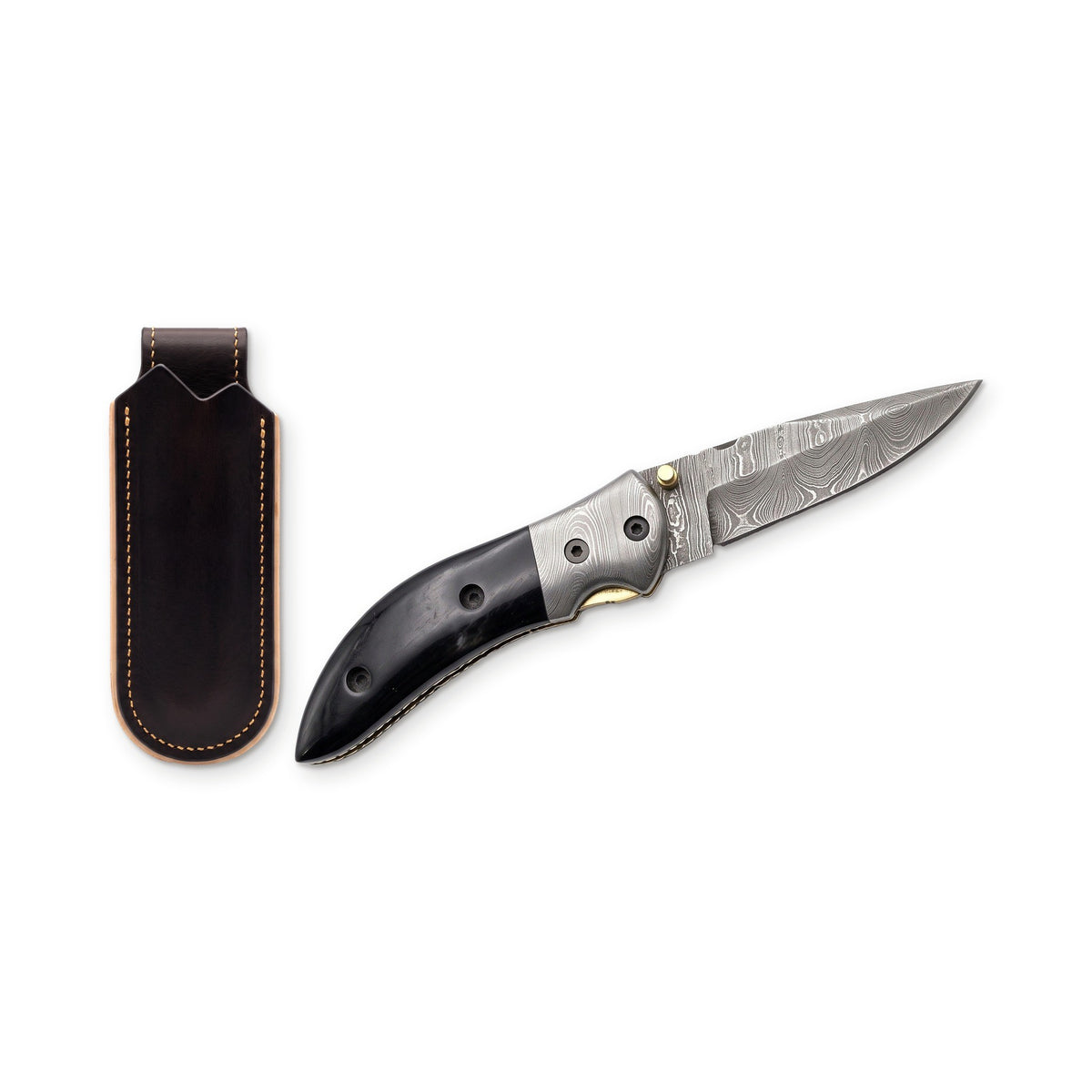 Creek 8" Damascus Pocket Knife | Buffalo Horn, three-quarter view with the Crownridge belt slip