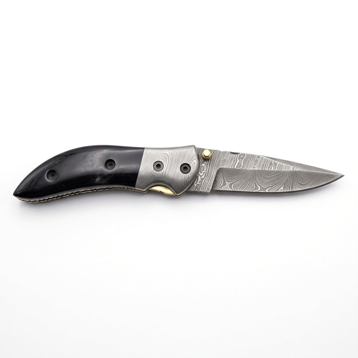 Creek 8" Damascus Pocket Knife | Buffalo Horn, side profile on white