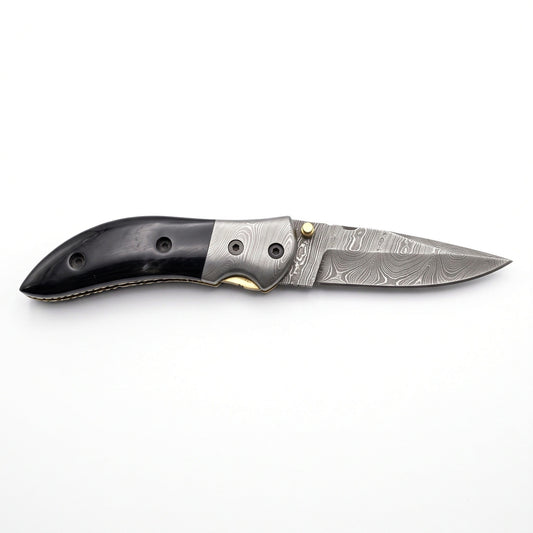 Creek 8" Damascus Pocket Knife | Buffalo Horn, side profile on white