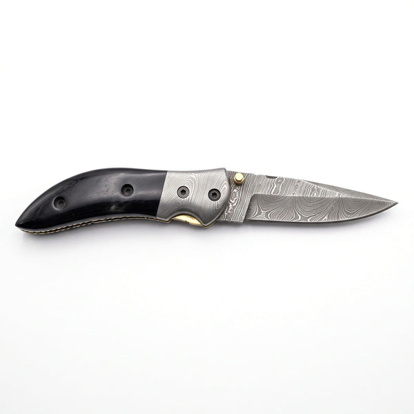 Creek 8" Damascus Pocket Knife | Buffalo Horn, side profile on white