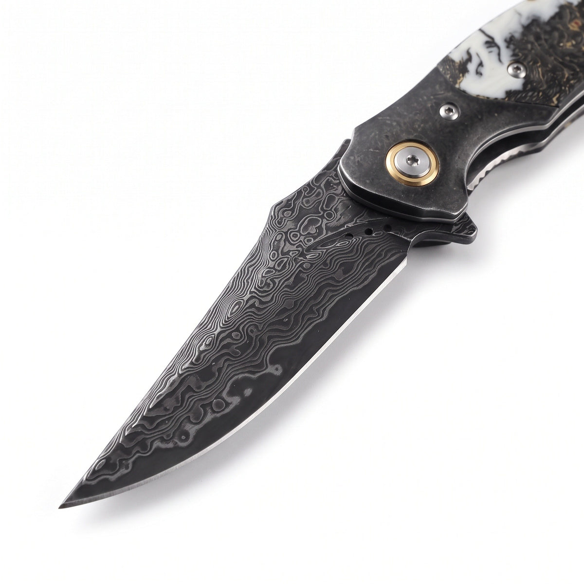 Creek 8" Damascus Pocket Knife | Burl, Damascus blade close-up